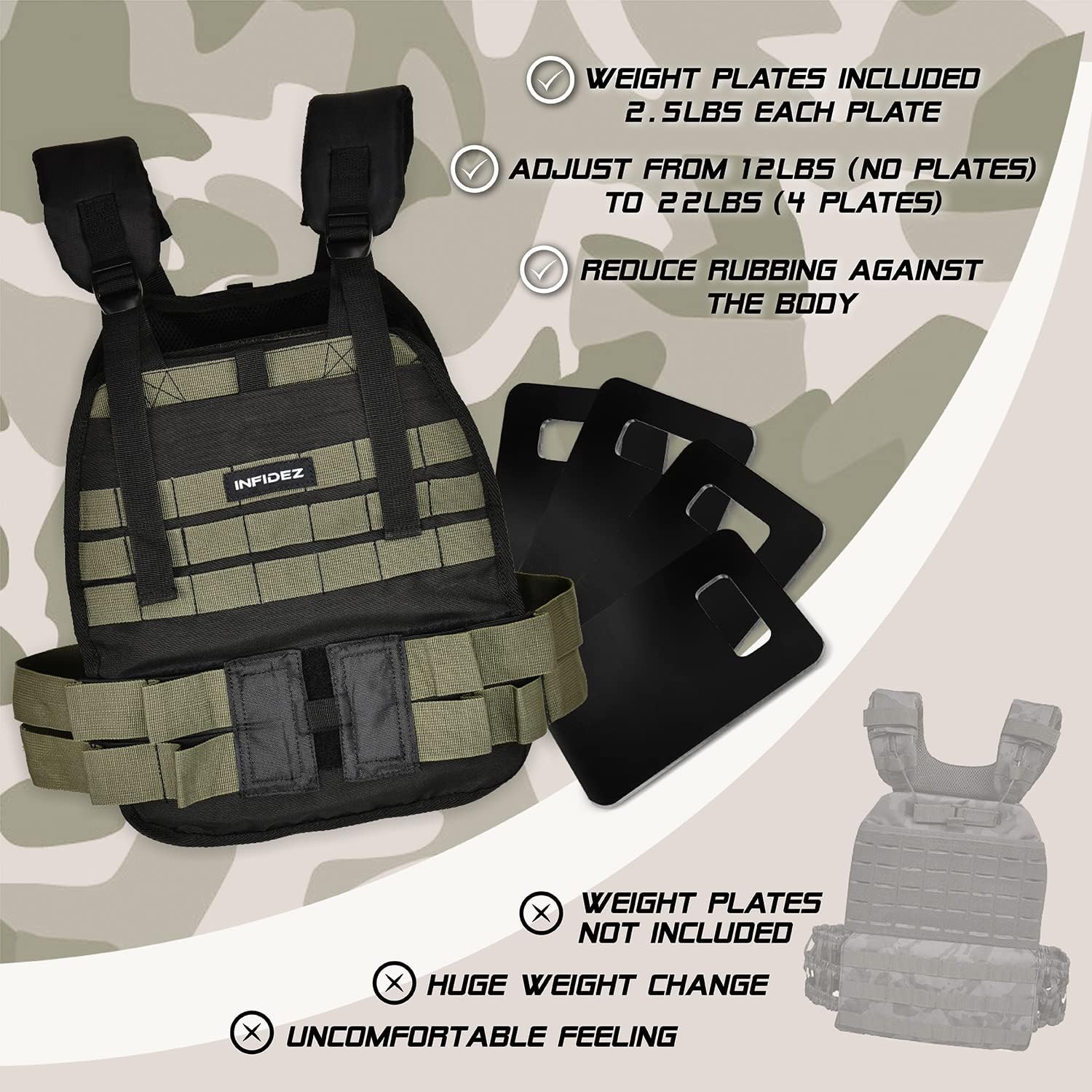 INFIDEZ Tactical Adjustable Weighted Vest, Removable Iron Weights for Men and Women, Strength Training Weight Vests, Designed for Weight Training Fitness Workout Running, Including 4 Steel Plates : Sports & Outdoors