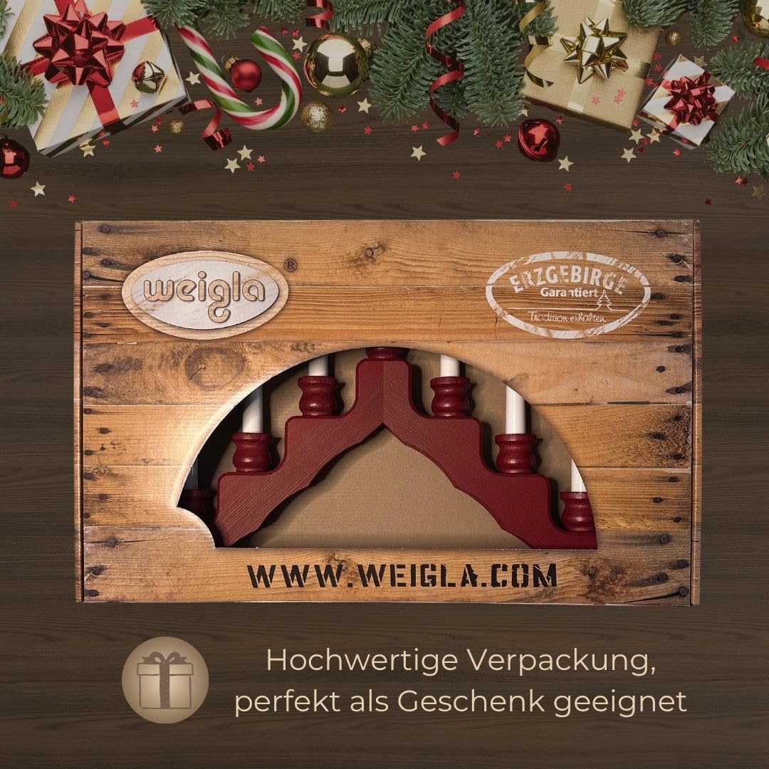 weigla - Schwedenleuchter original Erzgebirge I Trendiger Schwede BORDEAUX I Schwibbogen Weihnachten I 7 Lampenkerzen + 1 Ersatzlampe I 7 x 34 V, 3 W, E10 I Weihnachtsdeko innen I Kiefernholz