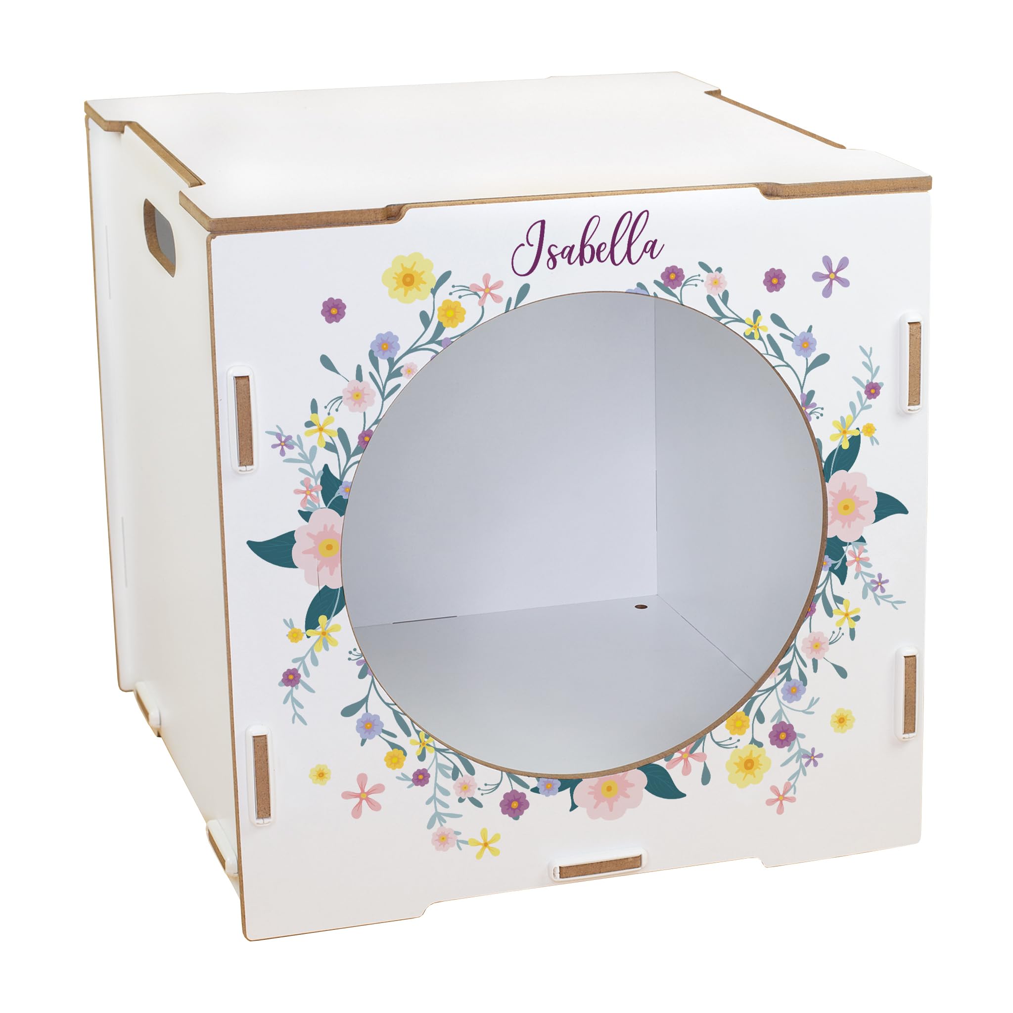 Herz & Heim® Regal Einsatz für Kallax personalisiert mit Name – Aufbewahrungsbox aus Holz – Regaleinsatz mit Blumen Aufdruck für Aufbewahrung – Geschenk für Kinder, Familie, Freunde (Weiß)