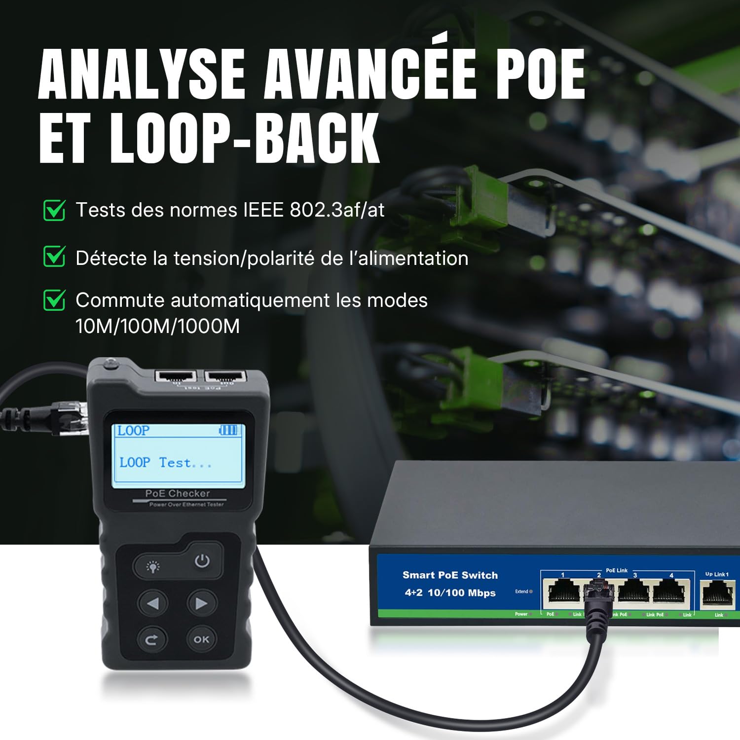 Testeur de réseau avec PoE, RJ45 - Avec écran LCD - Pour câble réseau Cat5/Cat6 - Test de tension et de courant