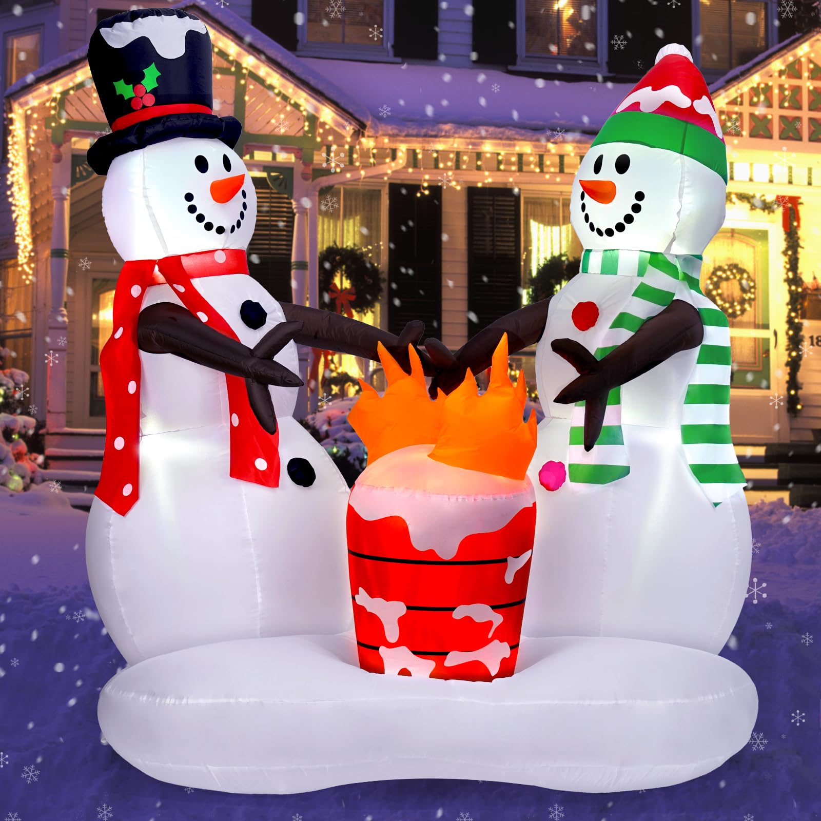 Décoration de Noël extérieure - Bonhommes de neige gonflables de 2,4 m avec flamme de feu - Décorations de cour gonflables avec LED intégrée pour extérieur, pelouse, cour, jardin