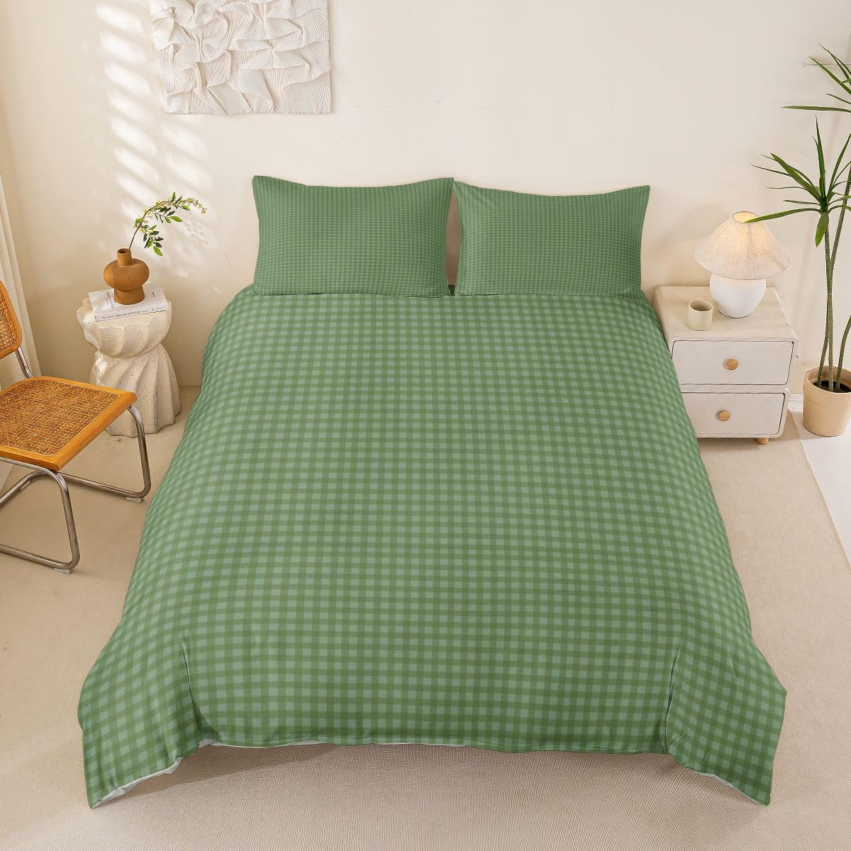Feelyou Green White Plaid Duvet Cover Toddler Size Farmhouse Grid Bedding Set Breathable Soft Geometric Comforter Cover 2Pcs Bedroom Decor