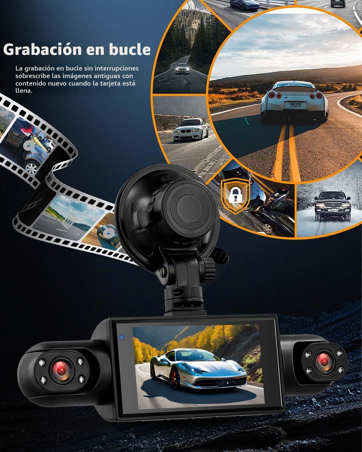 NHOPEEW Cámara de Tablero 3 Pulgadas 360° 1080P 4 Canales para Coche, con detección de Movimiento, visión Nocturna, grabación en Bucle y compensación de exposición