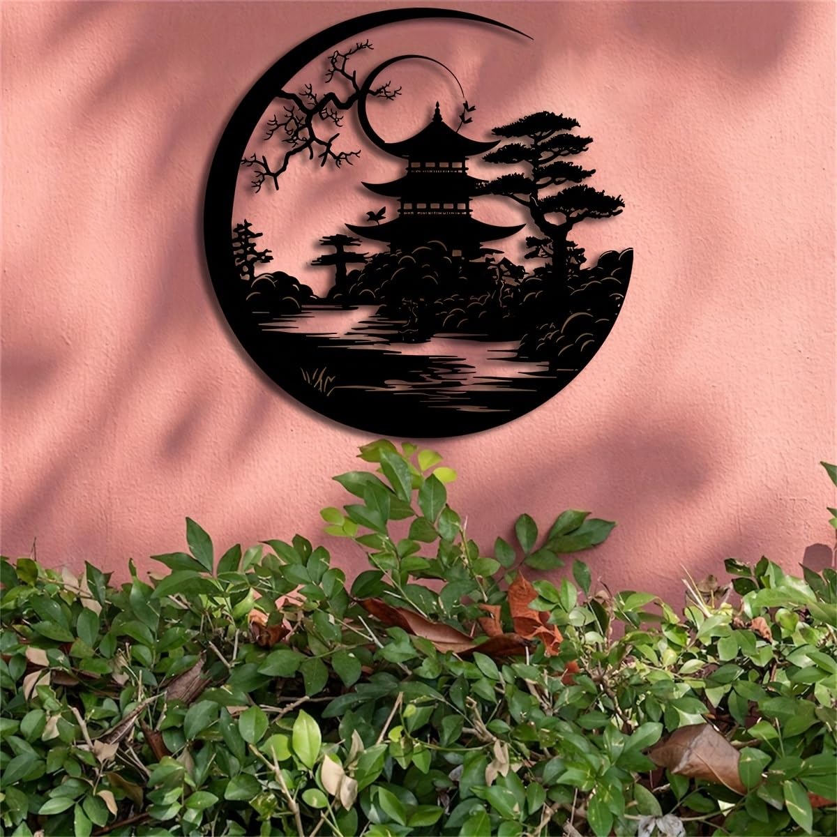 Decoración de pared abstracta contemporánea de metal, arte Art Déco, puerta Torii, 40 x 40 cm, pagoda japonesa y escena de la naturaleza, escultura de hierro, para interiores y exteriores, elegan