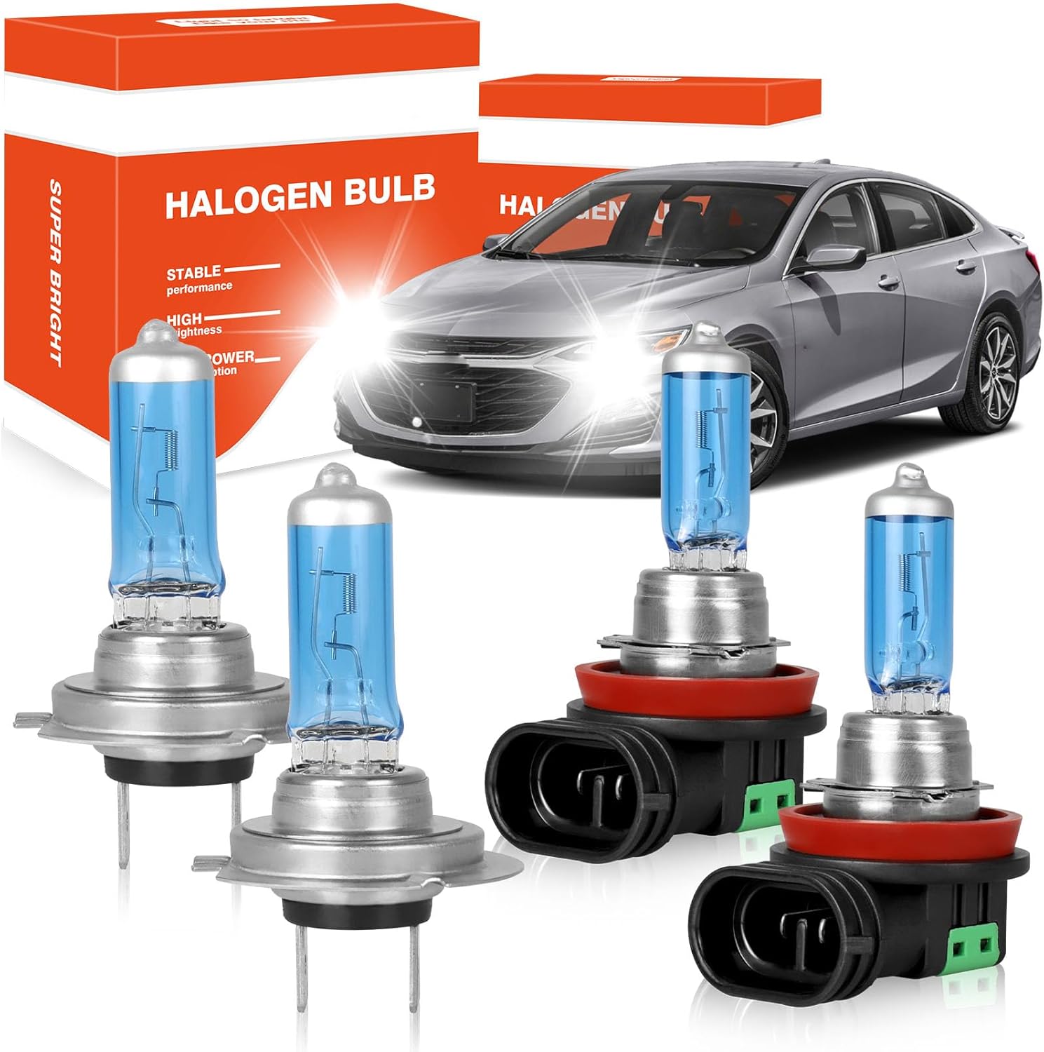OQSNCV Fit For Chevy Malibu Limited LT LTZ 2016 Halogen Headlight Bulbs, H7 High Beam+ H11 Low Beam Light Headlamp Replacement Bulbs Kit 100W 4200K, Pack of 4