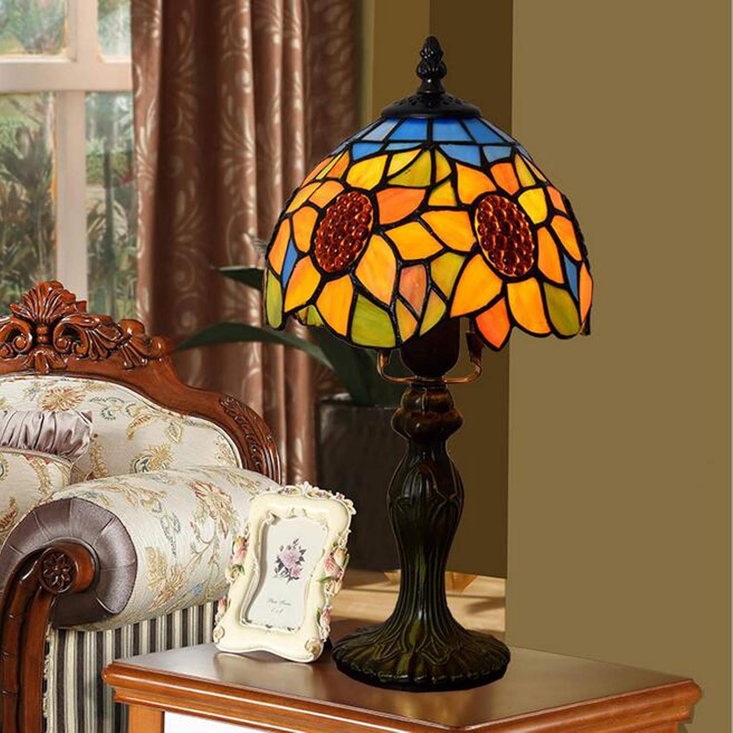 Tiffany Style Table Lamps Sunflower Desk Light 14.17 Inches Tall Stained Glass 8 Inches Wide Lamp Shade Vintage Antique Accent Lamp for Bedside Coffee Room Dorm