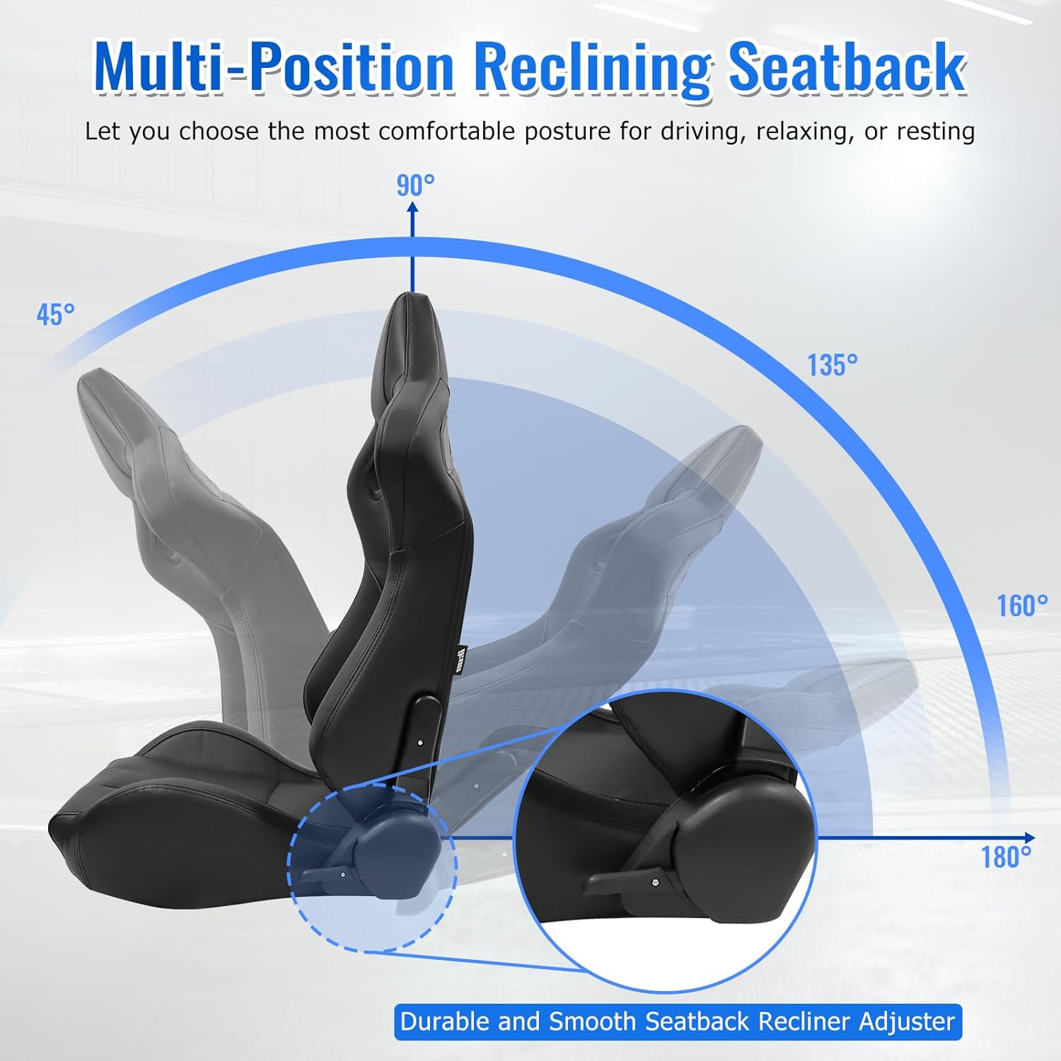 FREEMOTOR802 Reclining Sim Racing Seats with Dual Lock Slide Rails, Universal Fit Ergonomic Performance Car Sport Seats, Black PU, Pair