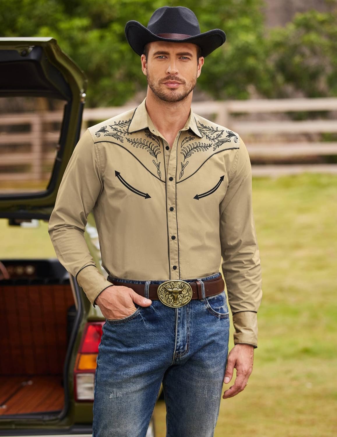 COOFANDY Men's Western Cowboy Shirt Embroidered Button Down Long Sleeve Shirts - Image 3