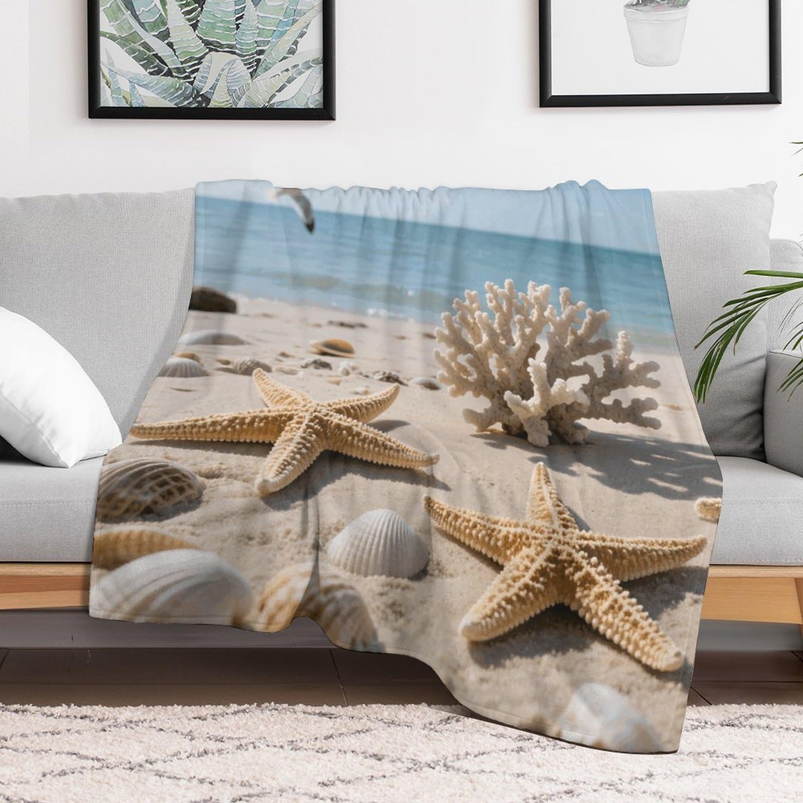 Custom Sea Shells and Starfish Blanket Lightweight Flannel Fleece Throw for Couch Sofa Bed Luxury Soft Cozy Plush Lap Bedtime Blanket for All Seasons Bedroom Home Decor Gifts 40x50