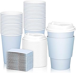 50Pcs Blue Disposable Coffee Cups with Lids and Sleeves 12oz Light blue Insulated Paper Cups To Go Cups for Home Restaurant Wedding Travel Party Supplies