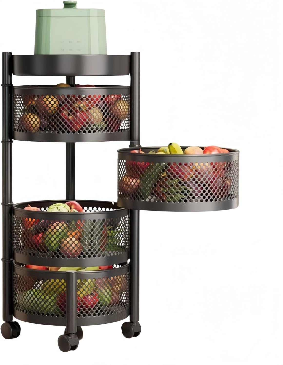 Rolling Kitchen Organizer Cart - Storage Rack with Wire Baskets.Movable Kitchen Shelves - Rolling Metal Storage Rack with Rotating Fruit Basket, Sturdy and Easy to Use, No Assembly Required