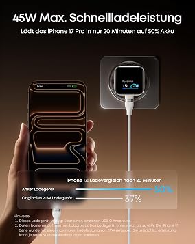 Anker Smart Charger Anker Nano 45W USB C Charger with Display and Intelligent Detection Built-in Gentle Mode Compact GaN Fast Charger for iPhone 17/16/15 Series iPad MacBook