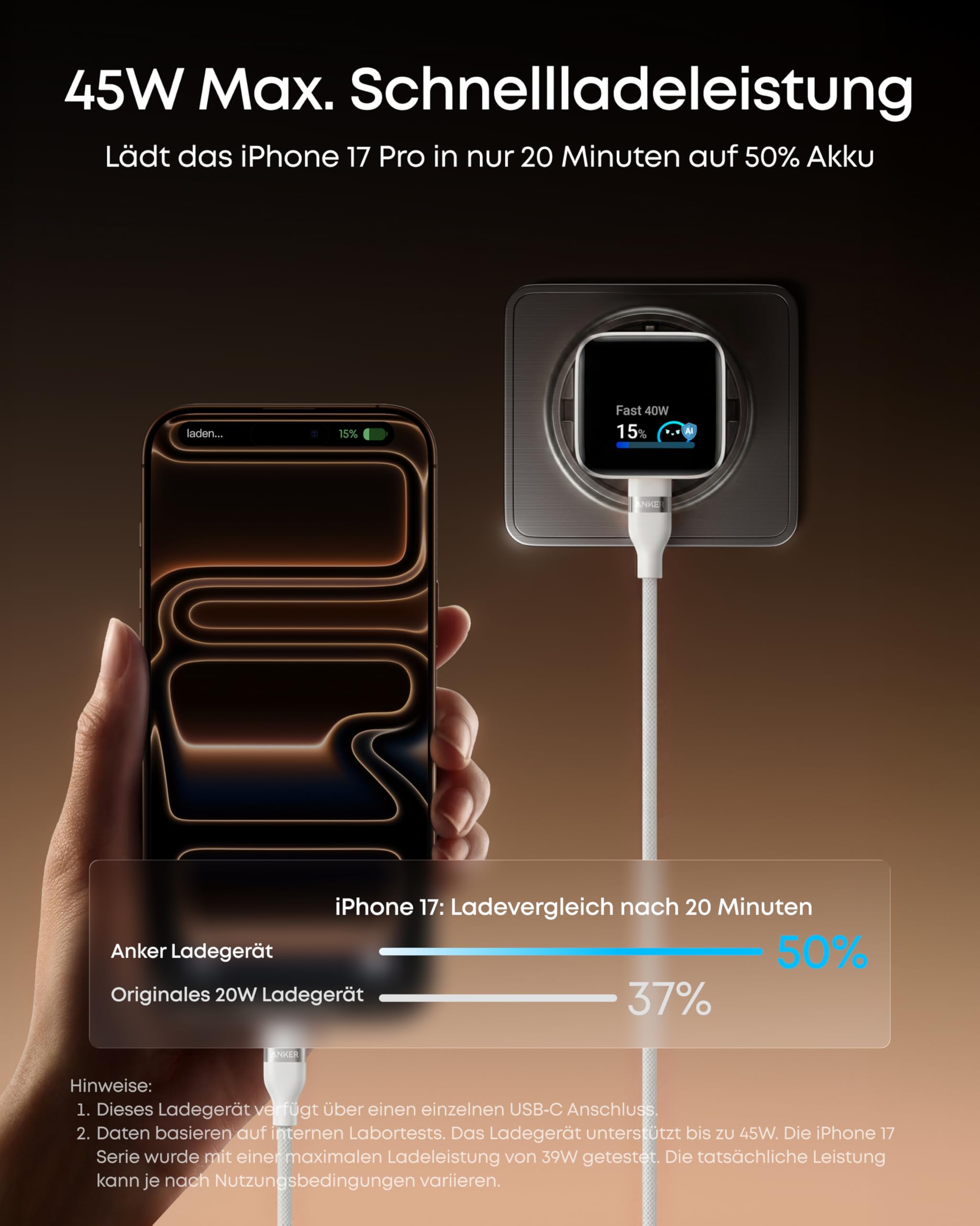 Anker Smart Ladegerät (45W USB C, mit Display) & Anker Powerbank (10.000mAh, 45W mit 70cm InstaCord Einzugskabel)