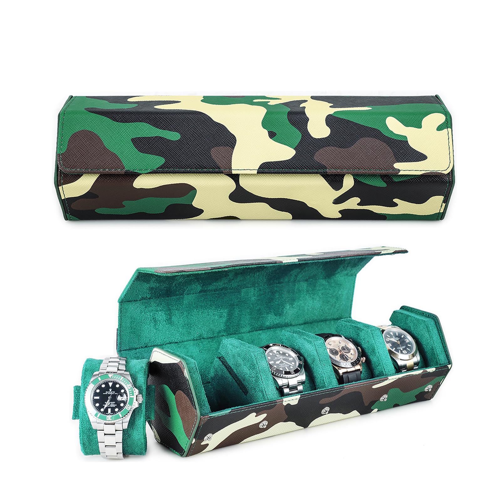 NFBCXUTKW Hiram Hexagon Leather Watch Box, Camouflage Printed Watch Storage Case for 4 Watches Handmade Anti-Scratch Leather Watch Organizer