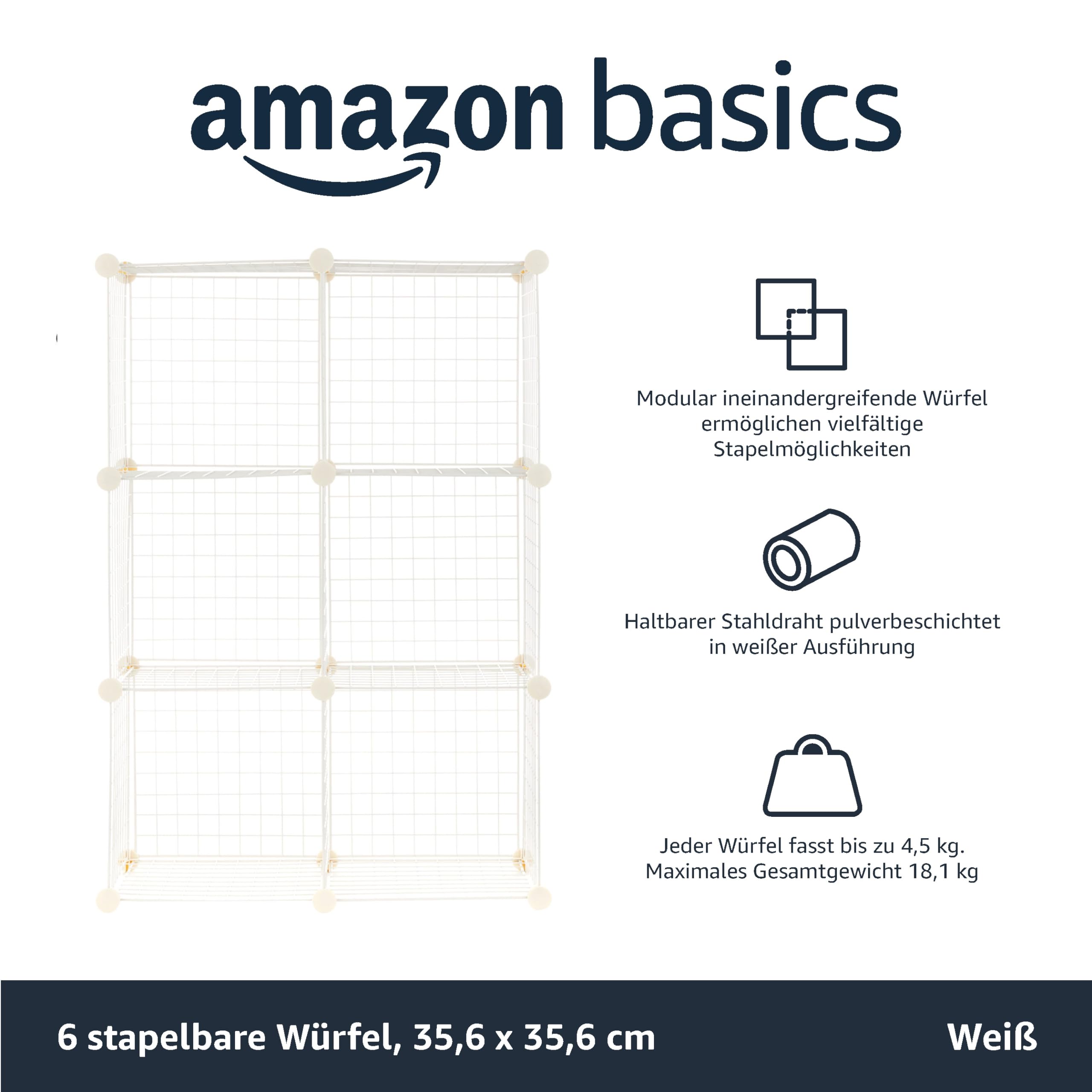 Amazon Basics Würfelregal aus Metall - Maximale Tragfähigkeit des Regals 27 kg, Weiß, 6 Ablagefächer, 76.96 x 37.08 x 113.79 cm