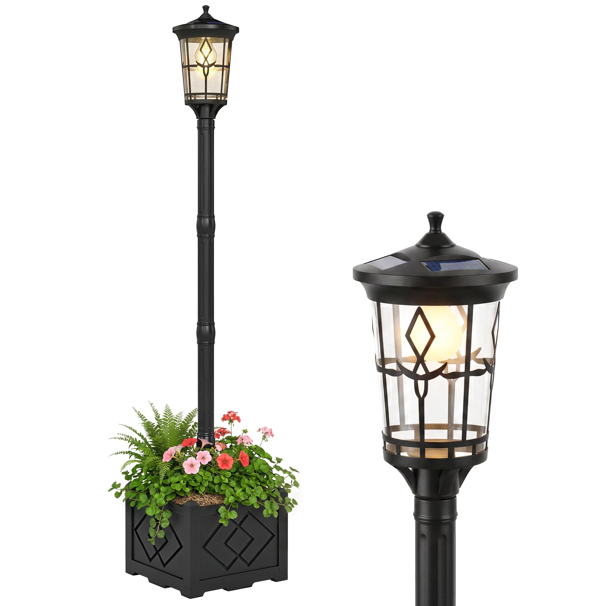 Outsunny Farola Solar Exterior de Jardín con Macetero 41,5x41,5x202,5 cm | Luz Solar de Exterior LED, 2 Modos de Brillo 100/50 lm, Impermeable IP44, Encendido/Apagado Automático, para Terraza, Patio