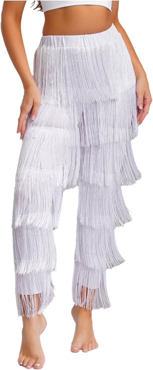 Women's Elastic Waist Latin Dance Fringe Pants Salsa Samba Cha Cha Tango Dance Practice Trousers