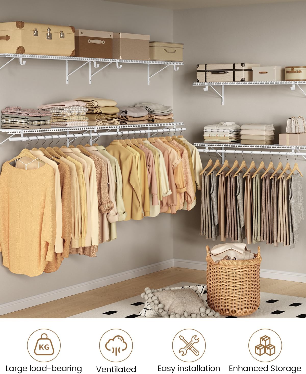 2 Pack Closet Shelves with Triangular Brackets and Hanging Rod, 4FT X 12IN Wall Mounted Wire Shelving Orgnizer for Closet,Laundry Room,Pantry,Load Up to 150lb, White