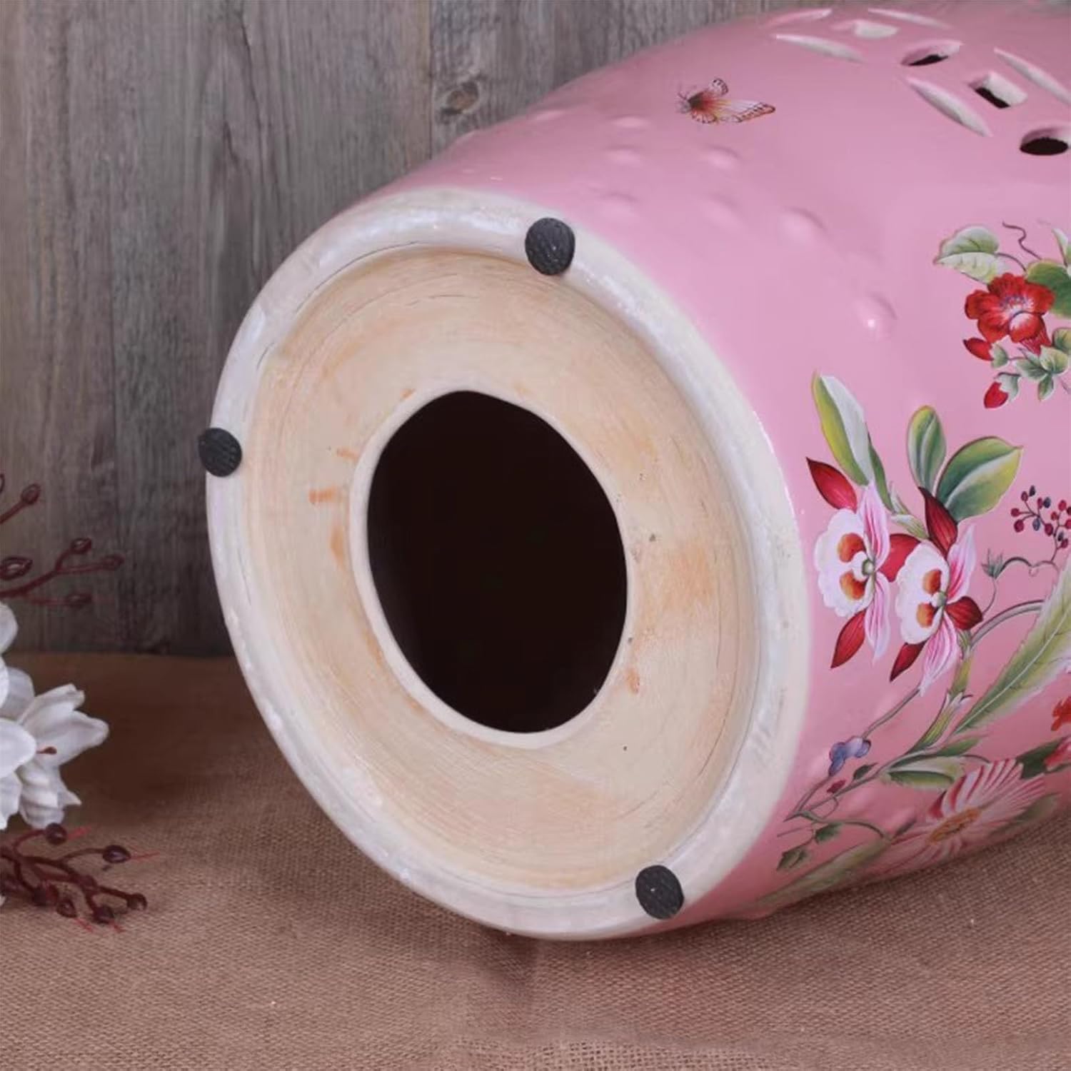 Ceramic Drum Garden Stool, Hand-Painted Floral/Bird Pattern Glazed Side Table Stool, Chinoiserie Plant Stand/Shoe Bench for Living Room, Patio, Balcony(Color 1)