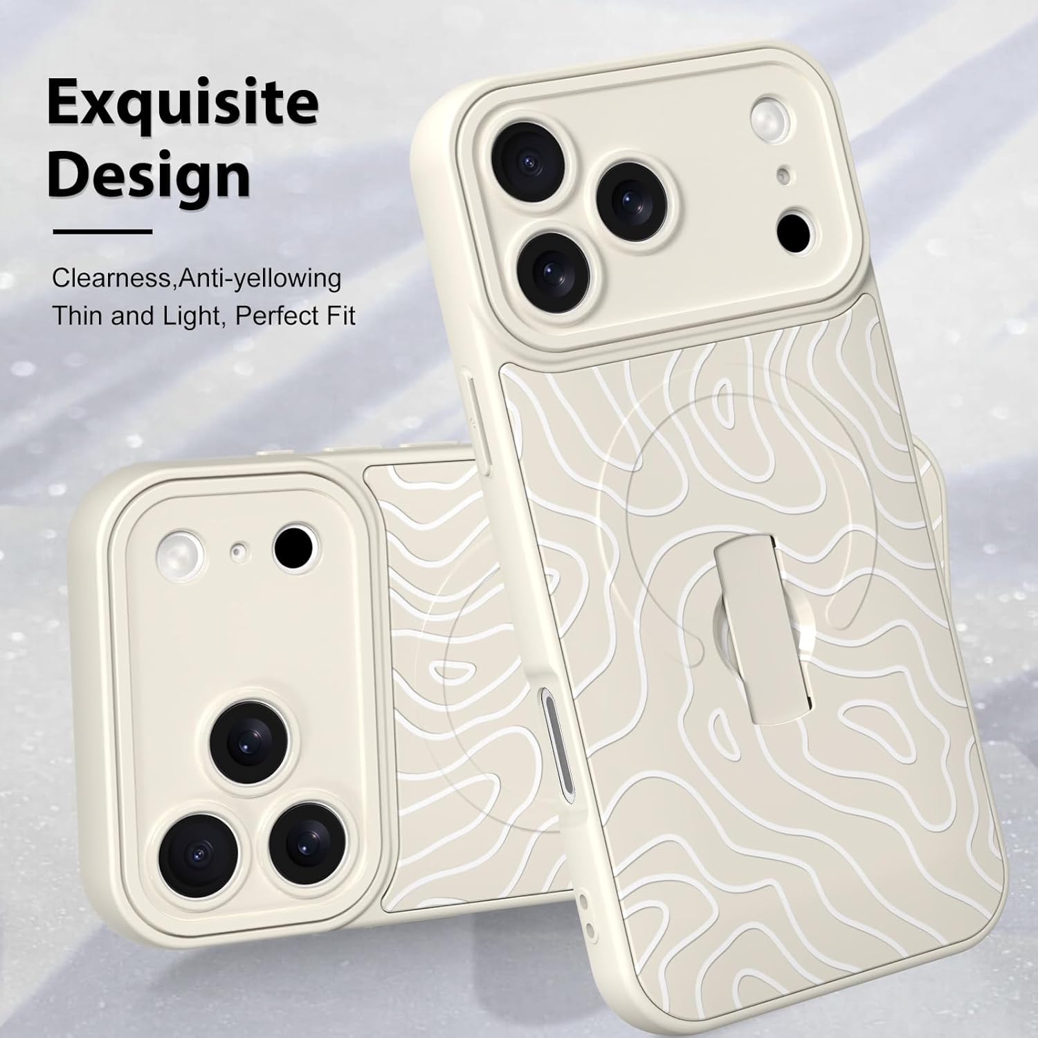 MZELQ for iPhone 17 Pro Case, Silicone Wave Ripple Cute Pattern, Support for MagSafe, Kickstand Wristband Camera Protection Soft Slim Phone Case for Girls Women -White - Image 3
