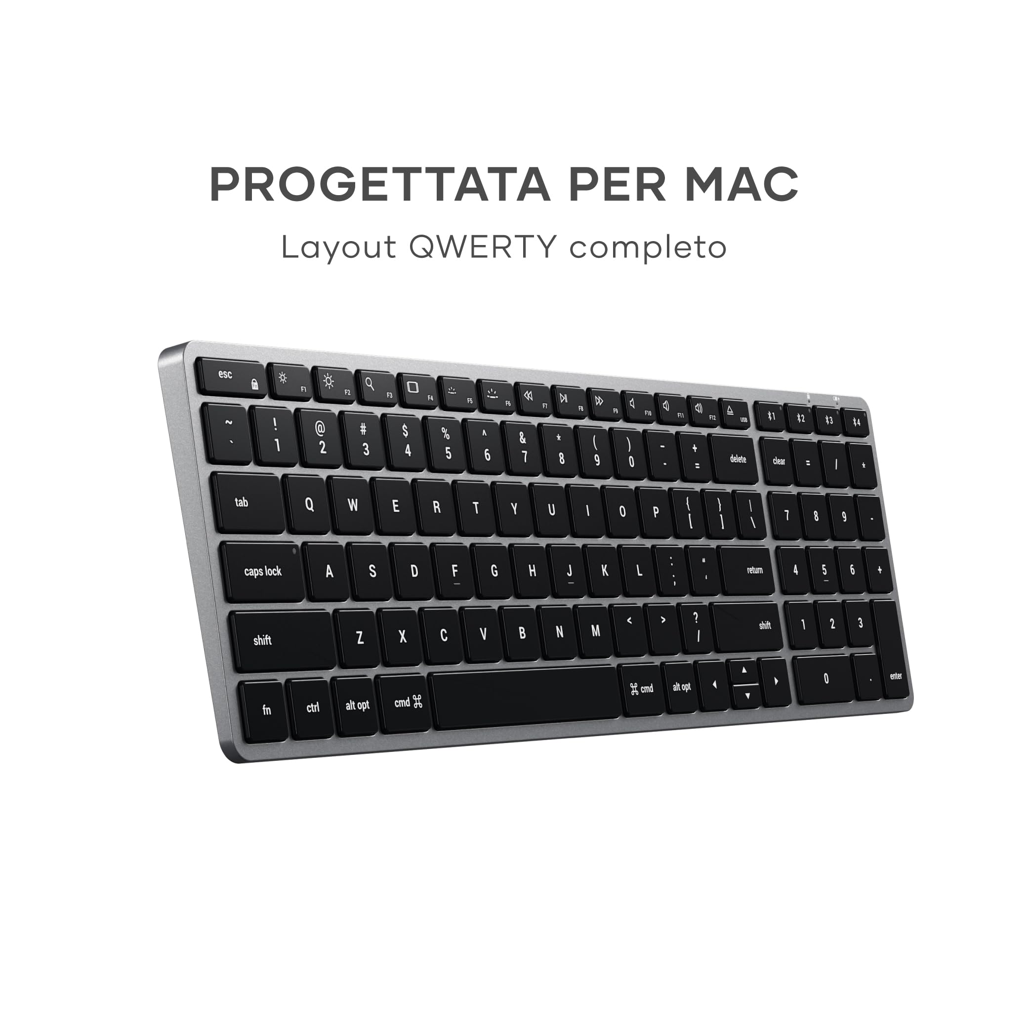 Satechi Tastiera Wireless Slim X2 𝗤𝗪𝗘𝗥𝗧𝗬 𝗨𝗦, Tastiera Bluetooth con Tastierino Numerico, Retroilluminata e Ricaricabile, per Mac, Windows e Android (Grigio, Layout Americano)