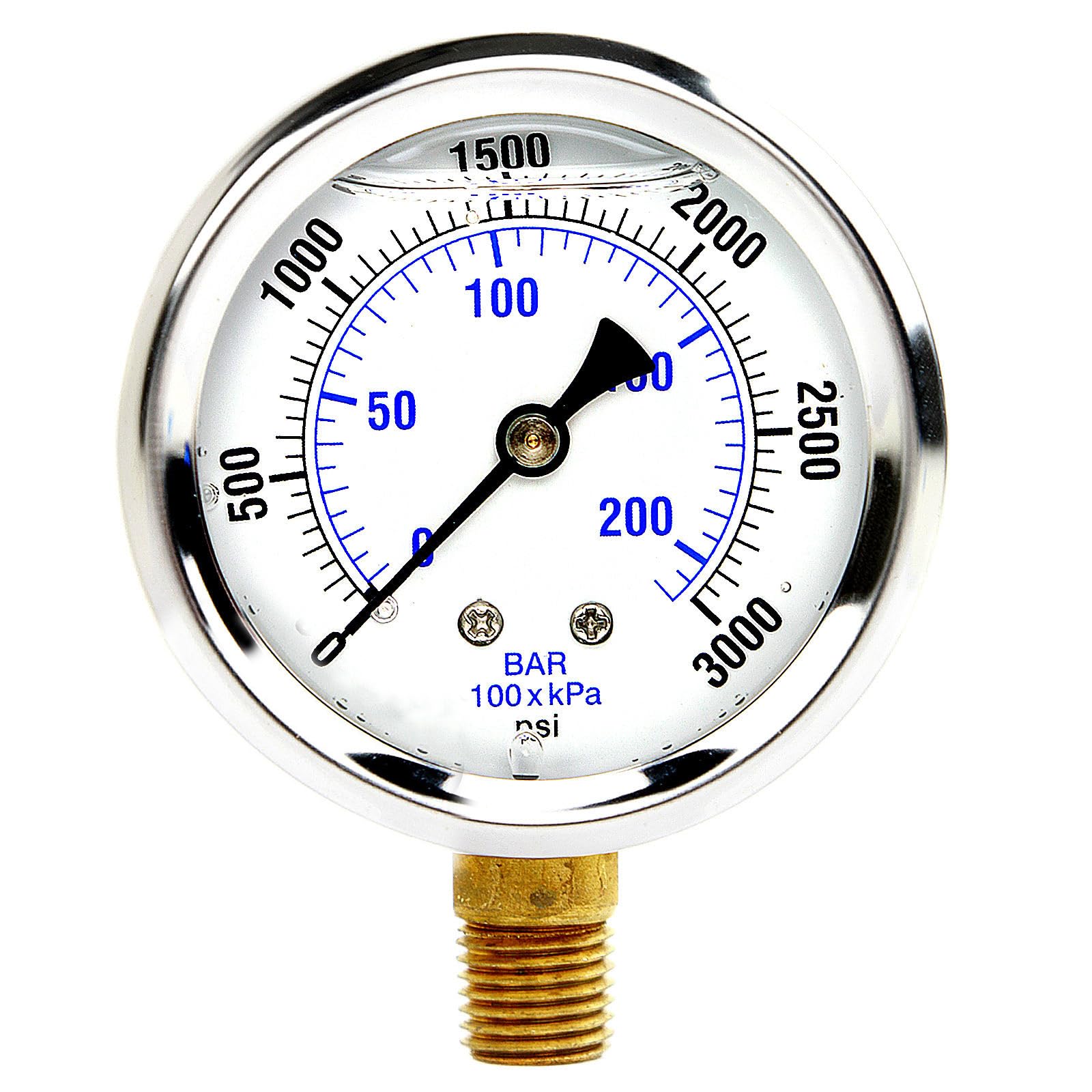 New Stainless Steel Liquid Filled Pressure GAUGE WOG Water Oil Gas 0 to 3000 PSI Lower Mount 0-3000 PSI 1/4" NPT 2.5" FACE DIAL for Compressor