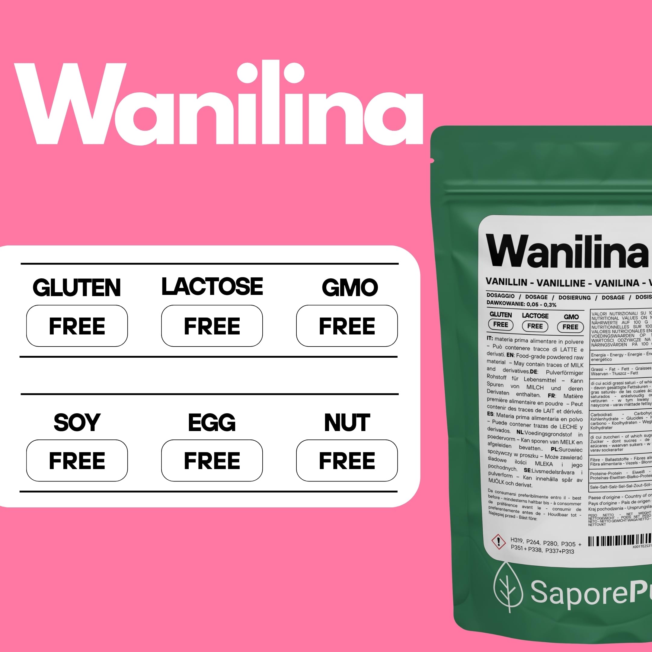 SaporePuro Czysta Wanilina w Proszku 100 g – Aromat Waniliowy Bezglutenowy do Ciast, Ciasteczek, Kremów i Lodów – Certyfikowana Jakość Spożywcza
