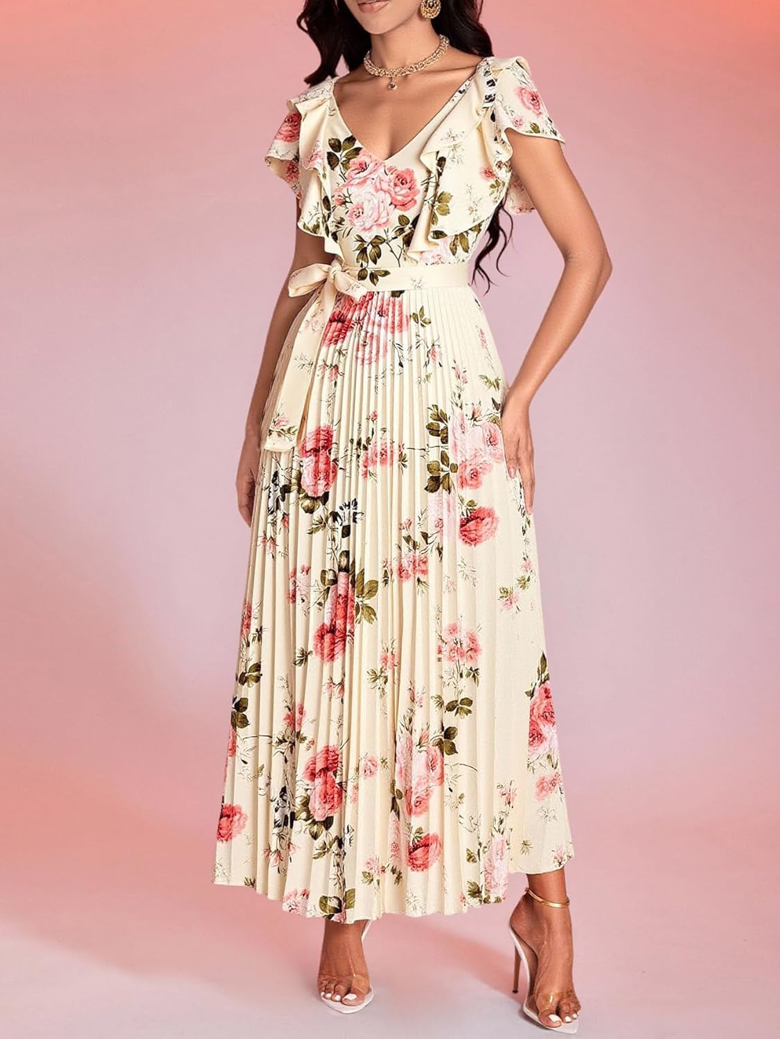 Women's Boho Floral Pleated Maxi Dress Elegant Ruffle Belted Flowy Sundress Beach Vacation Clothes - Image 5