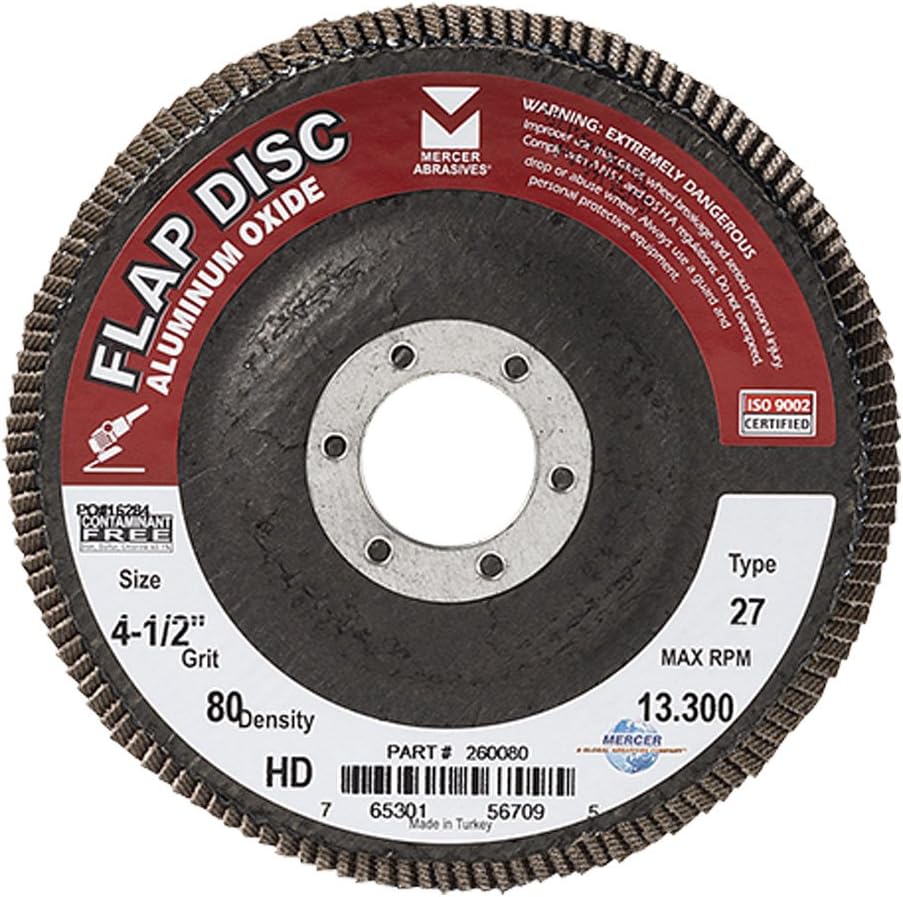 Mercer Industries 260080 Aluminum Oxide Flap Disc, High Density, Type 27, 4 1/2" x 7/8", Grit 80, 10 Pack
