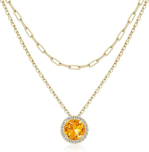 MONOOC Collar de piedra natal en capas para mujer, oro macizo de 14 quilates, collar de cadena de clip de papel, collar clásico redondo con colgante