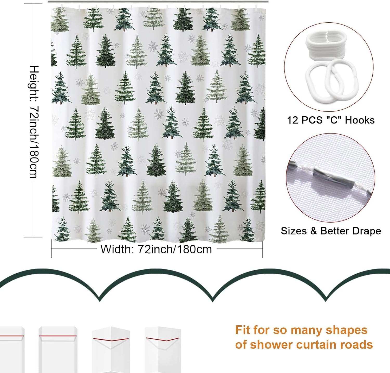 Baccessor Christmas Winter Shower Curtain Xmas Farmhouse Woodland Pine Tree Forest Snowy Scenery Snowflake Waterproof Fabric Washable for Bathroom Holiday Decor with Hooks 72x72 Inch