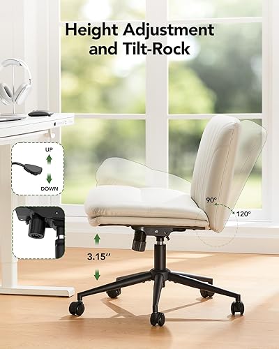 Miniatura 7 de Marsail Silla de escritorio de oficina sin brazos con ruedas, silla ancha de piel sintética con patas cruzadas, cómodas sillas giratorias ajustables