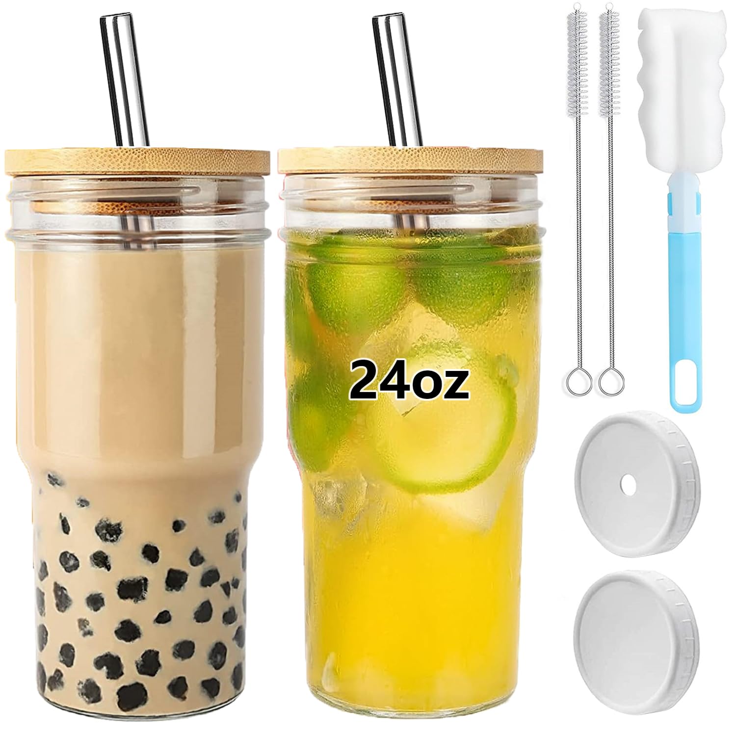 QinsunReusable Boba Cup Smoothie Tumbler Glass Bubble Tea Cup, 2 Pack Wide Mouth 24oz Iced Coffee Glasse Cup with Bamboo Lid and Straw, Mason Jar Cup Drinking Glasses Tumbler