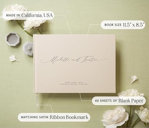 Vista 21 de MUUJEE Libro de visitas personalizado en Sage – Libro de invitados moderno personalizado de alta calidad para recepción de boda, fiesta de Salvia