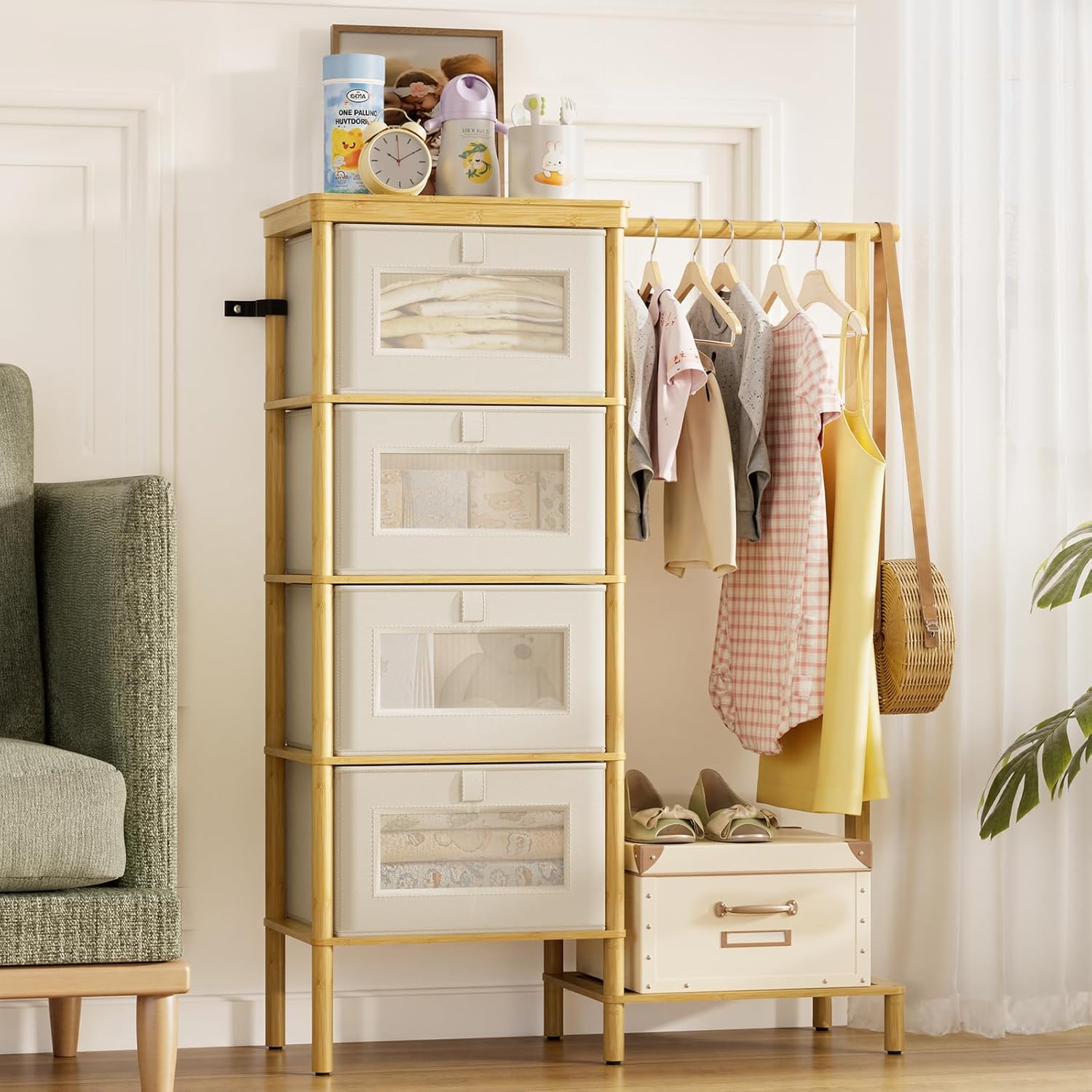 Bamboo Dresser with Hanging Rack, 4-Drawer Small Closet Organizer for Bedroom, Tall Storage Tower with Clothes Rack, Natural Wood 41.4' H x 31.3' W–Space-Saving Design, Easy Assembly