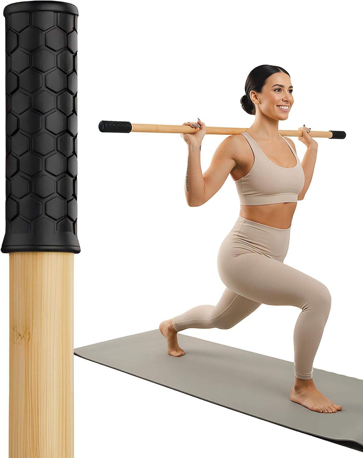 5ft Yoga Stick Made from Natural Bamboo - Stretching Stick for Mobility, Balance, Pilates & Physical Therapy - Exercise Stick with Non-Slip Ends - Includes 20+ Video Tutorials