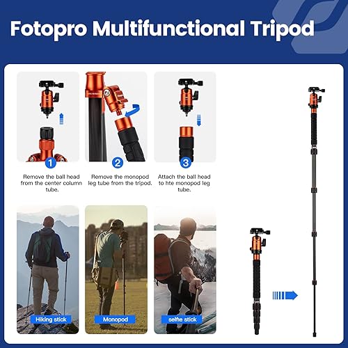 Miniatura 3 de Fotopro Trípode de fibra de carbono de 57 pulgadas para cámara, trípode de viaje ligero con cabeza de bola, monopie desmontable con placa de