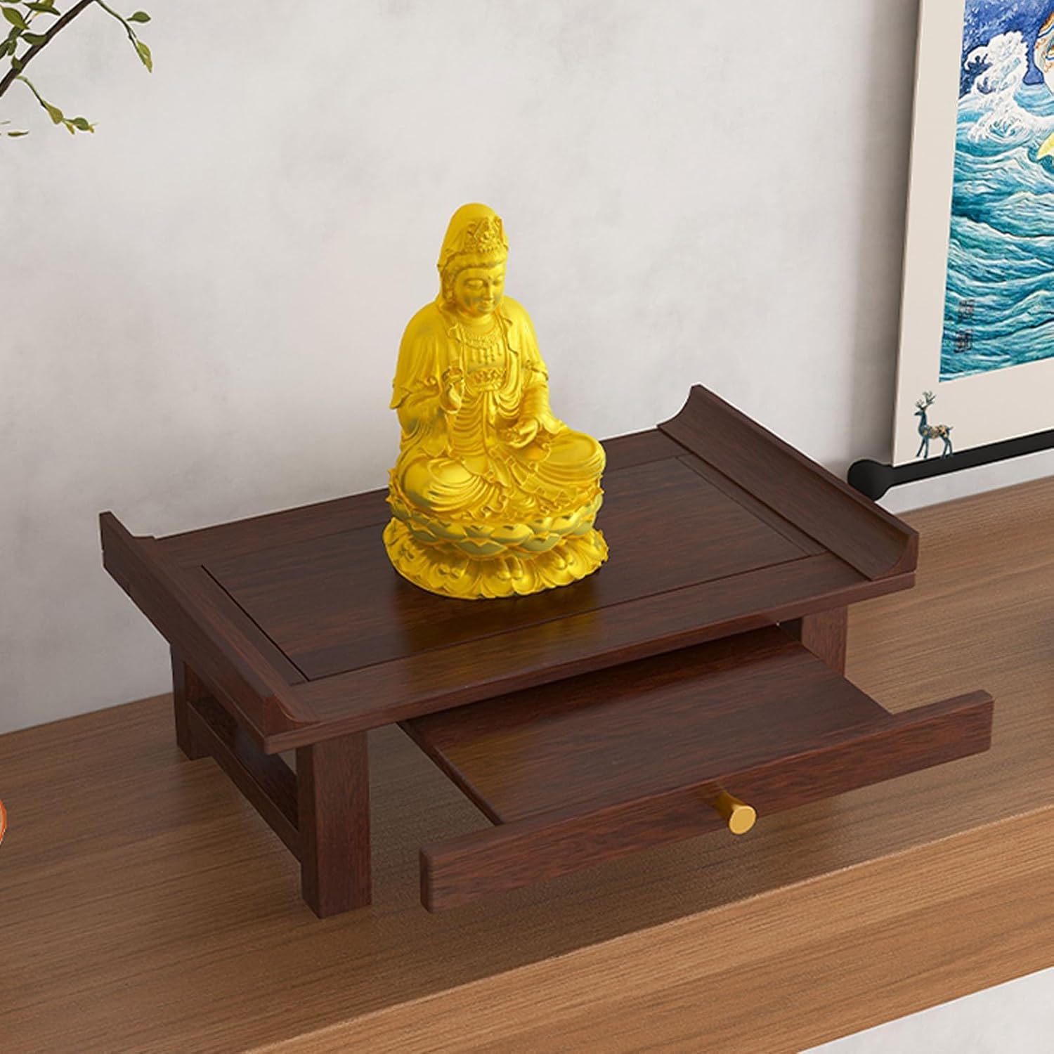 Meditation Altar Table, Buddhist Altar, Altar Cabinet with Retractable Pull-Out, Tabletop Personal Shrine Stand Prayer Meditation Tables for Living Room(40 * 25 * 16cm/16 * 10 * 6.3in)