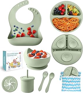 Silicone Baby Feeding Set, 10 Pcs Baby Led Weaning Supplies Baby Eating Essentials Set with Suction Bowl Divided Plate Adjustable Bib Soft Spoon Fork Cup with Lid Drinking Cup, Travel Bag (Green)