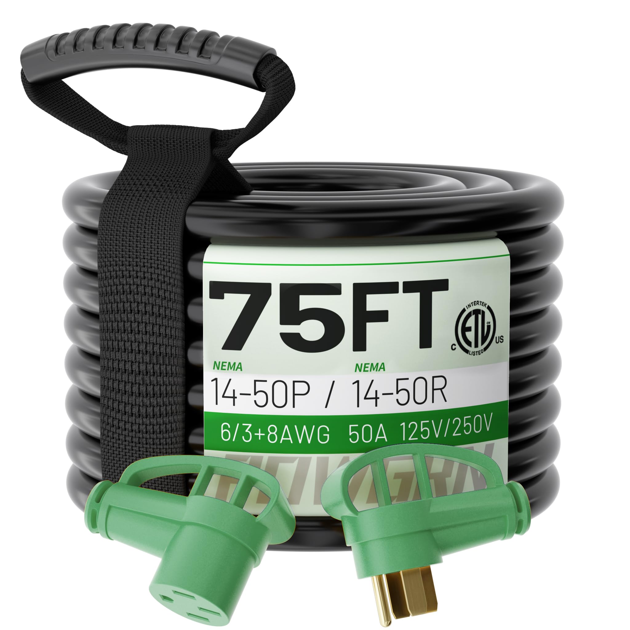 50 Amp RV/EV Extension Cord 75 FT Outdoor with Grip Handle, Flexible Heavy Duty 6/3+8/1 Gauge STW 4 Prong RV Power Cord Waterproof, NEMA 14-50P to 14-50R, Black-Green, ETL Listed.