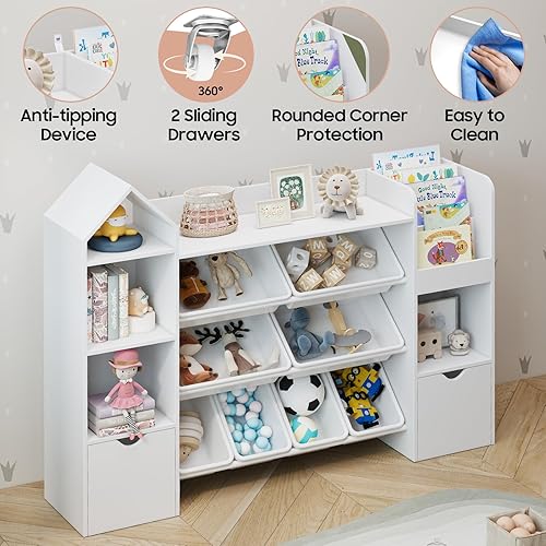 Miniatura 5 de Organizador de almacenamiento de juguetes, estantería blanca con 8 contenedores de juguetes extraíbles, organizadores de almacenamiento de juguetes