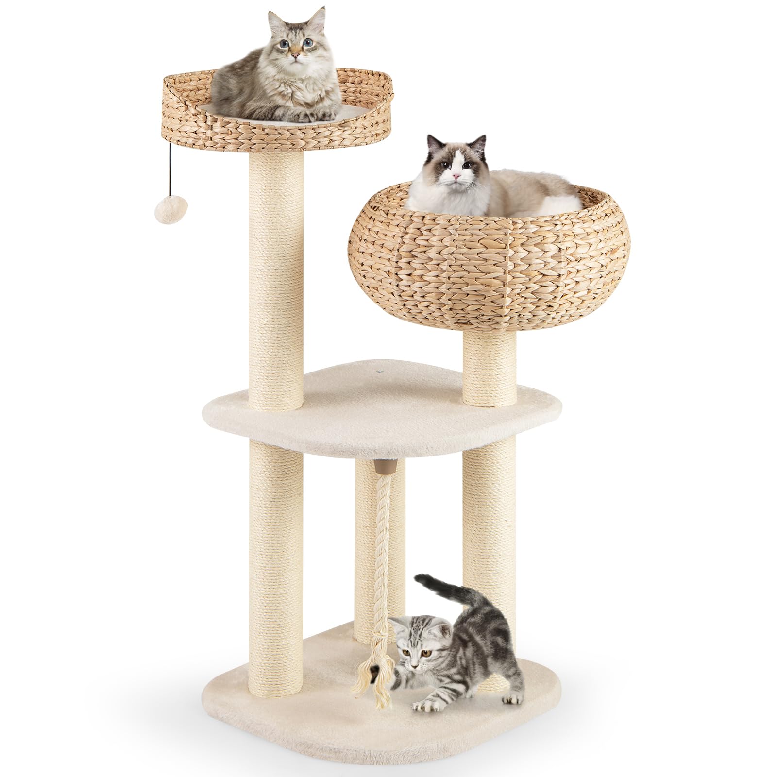 Tangkula Modern Cat Tree, Tall Cat Tower with Natural Sisal Scratching Post, Hand-Made Wicker Cat Condo & Top Perch, Funny Hanging Toy Ball, Cute Cat