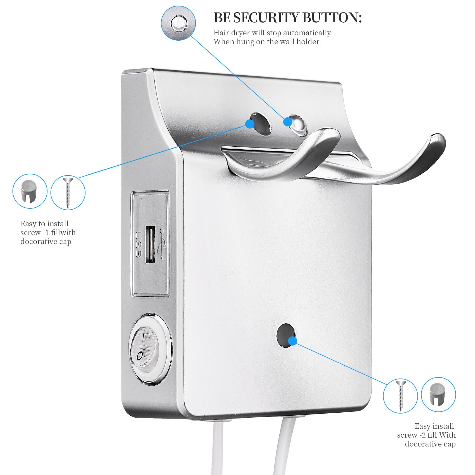 QL Asciugacapelli da Parete con Supporto e Porta USB,Phon per Capelli Muro con Ionico e ThermoProtect 2000watt,per Hotel Casa,Argento