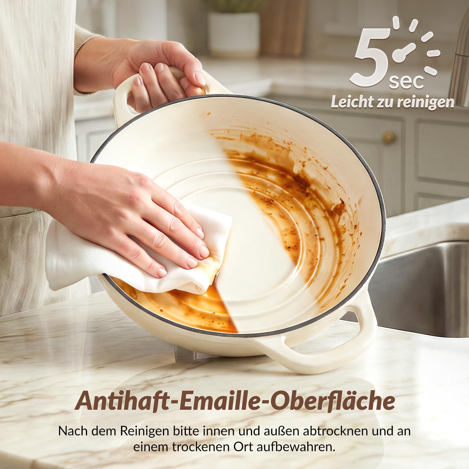 Warmiehomy Gusseisen Topf, 4.4L Emaille Brotbacktopf mit Gewölbter Deckel