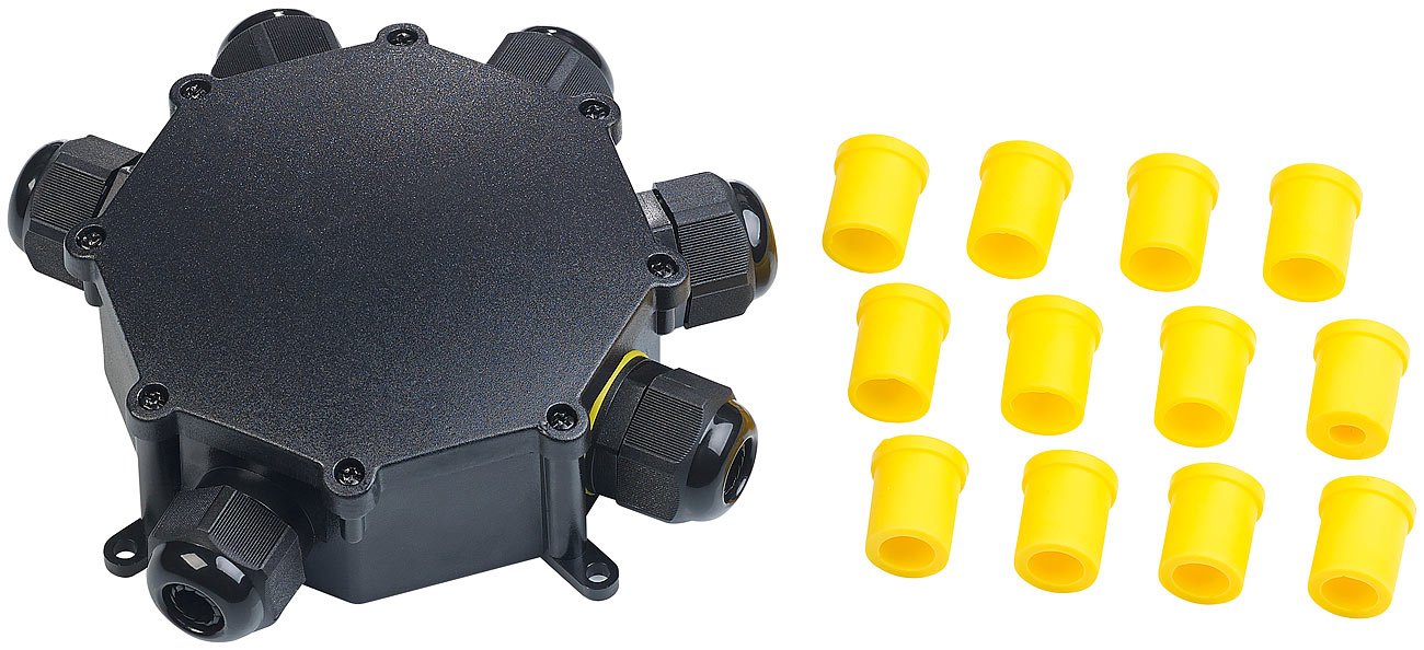 revolt Verteiler wasserdicht: 4er-Set Outdoor-Kabel-Verbindungsbox, 6-Fach, Kabel bis Ø 14 mm, IP68 (Abzweigdose wasserdicht, Kabelverbinder)