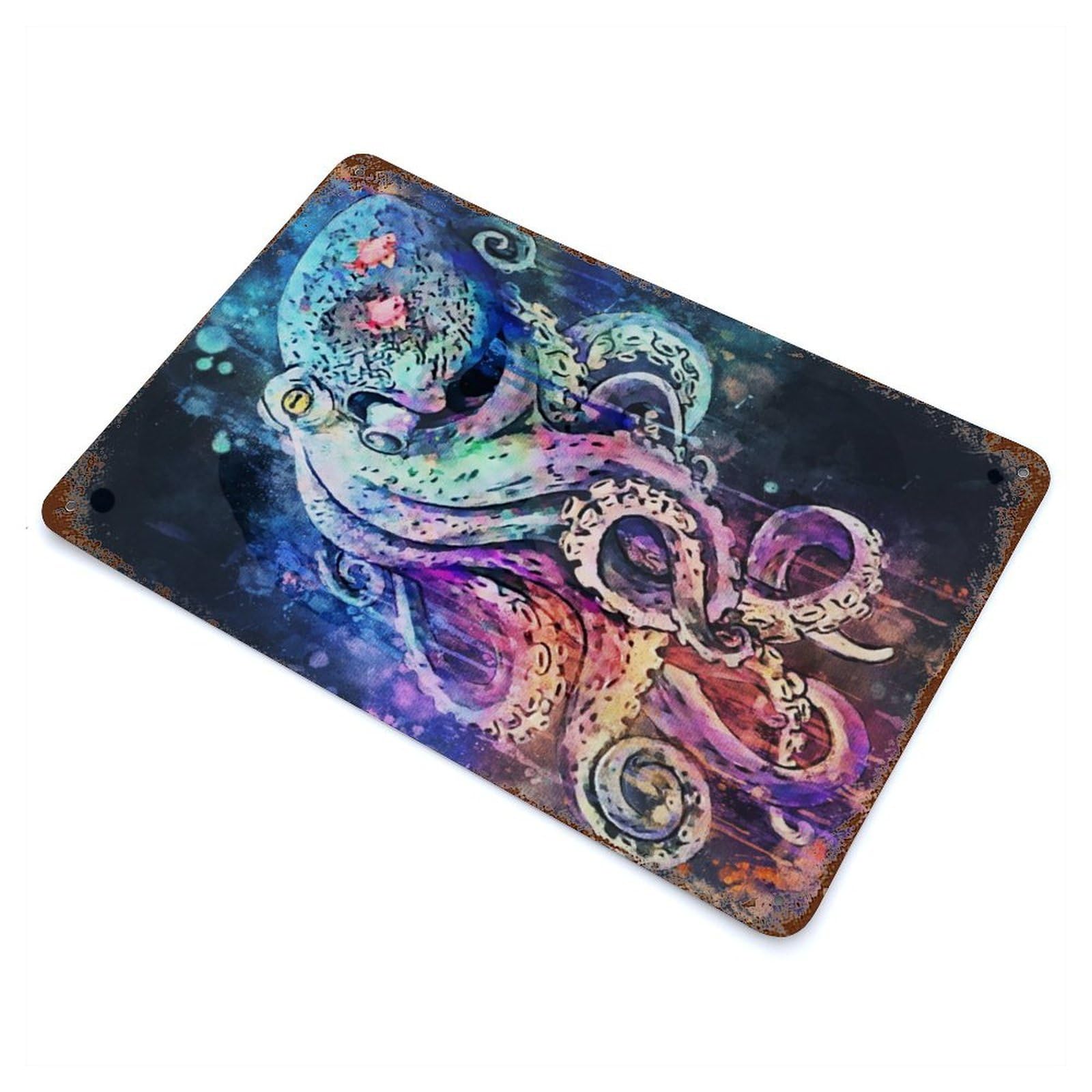 Octopus Kraken Vintage Wall Sign 11.8"x7.9", Rust Effect Metal Decor for Patio, Garden Room And Bar Decor