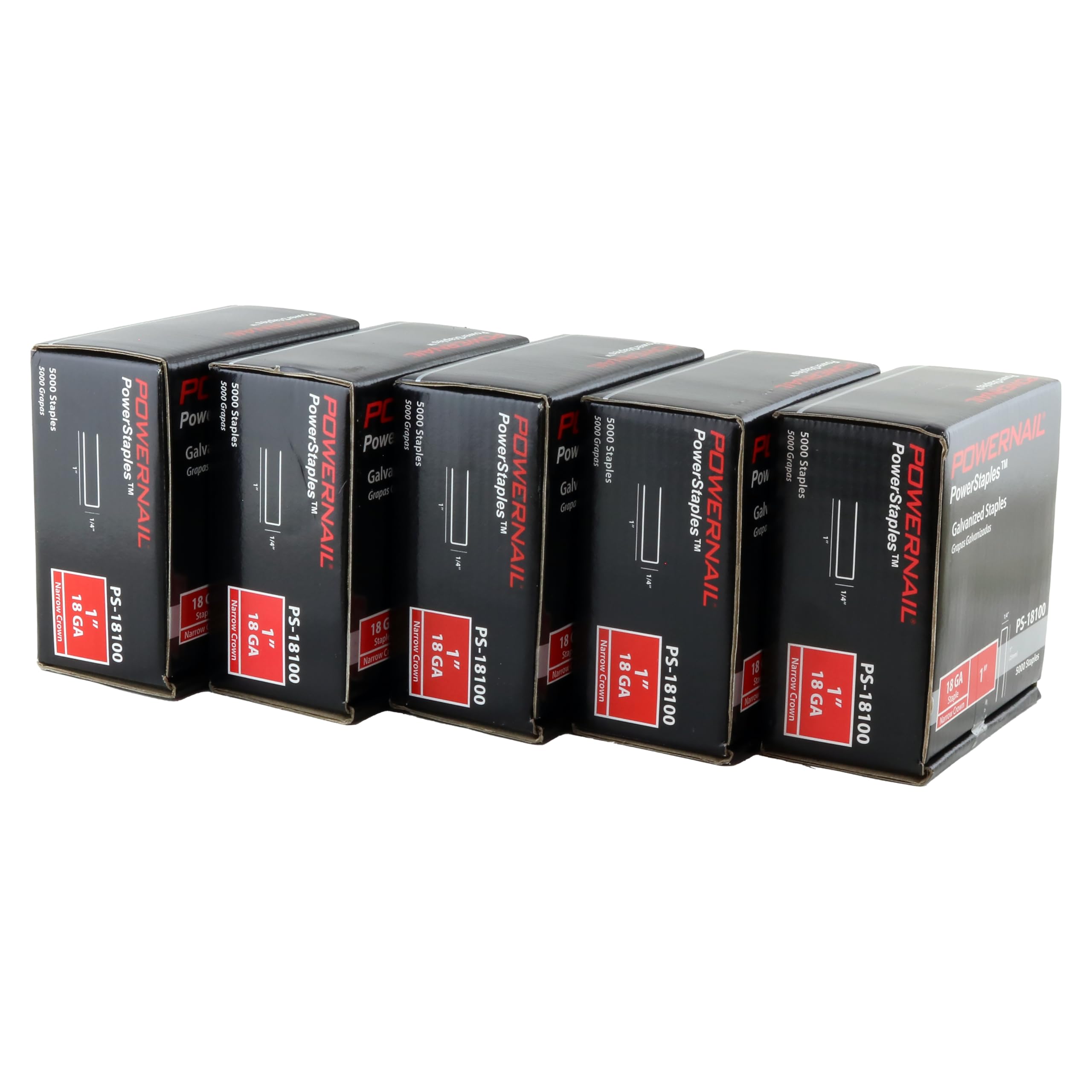 Powernail PS18100 - Grapas de corona estrecha de calibre 18 de 1/4 de pulgada de longitud de punta de cincel (5 cajas de 5000 ct, 25000 grapas)