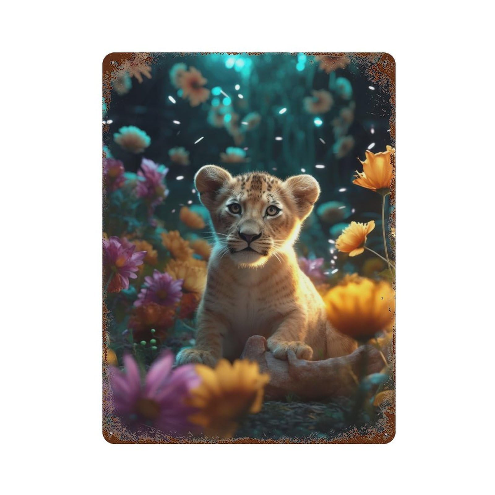 Magical Floral Lion Cub 15.7"x11.8" Rustic Tin Plaque, Novelty Wall Decor for Living Room, Hallway And Home Decor