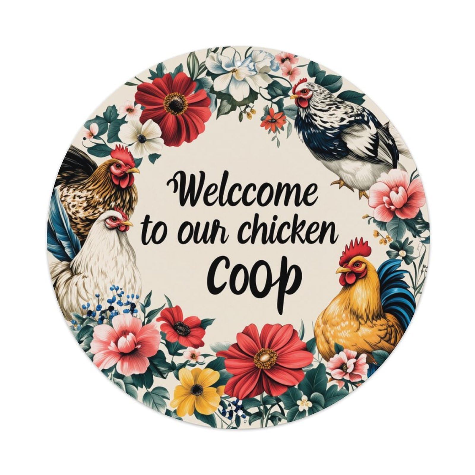 Floral Chicken Coop Welcome Sign Round Tin Sign Vintage Metal Poster, Home Bar Garage Man Cave Cafe Indoor & Outdoor Wall Decoration 8x8Inches