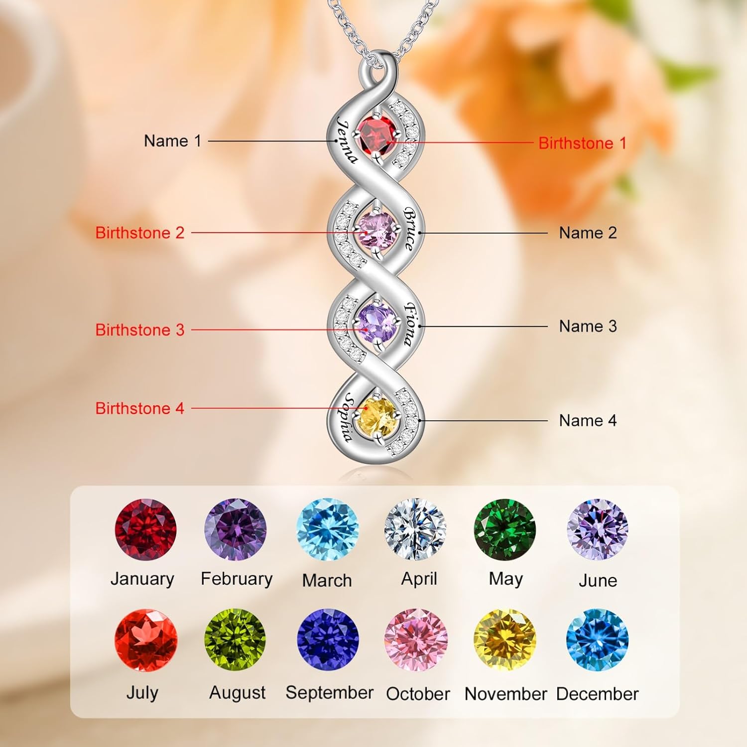 MissNaNa Personalized Infinity Necklace with 2-5 Birthstones, Custom Birthstone Necklace Gifts for Wife Mom, Infinity Love Pendant Jewelry for Women Christmas Birthday